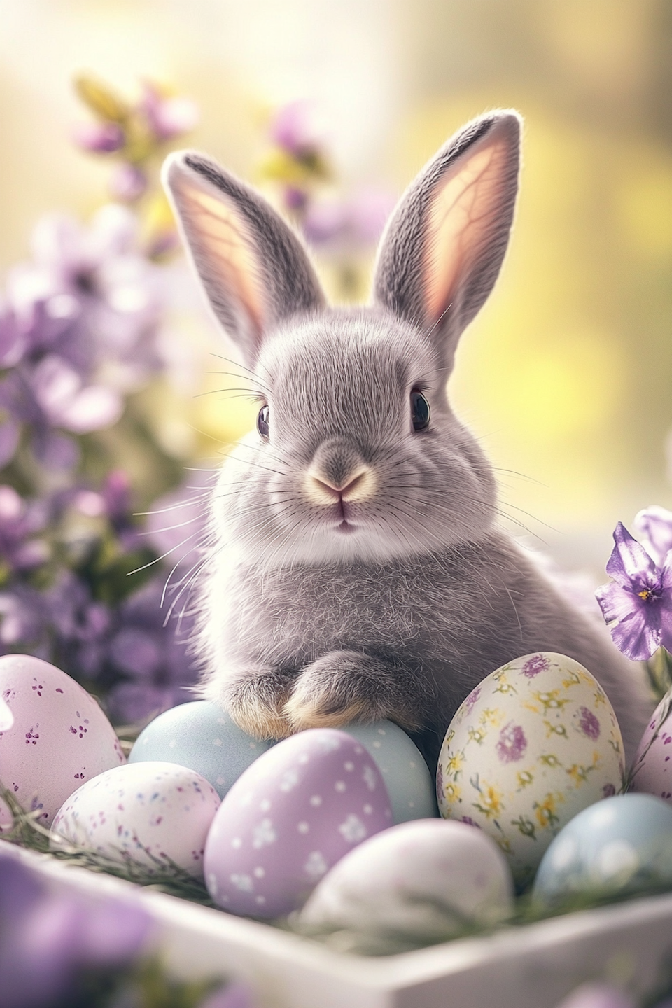diamond painting resin, diamanttavla, mjukgrå kanin bland pastellfärgade påskägg och lila blommor