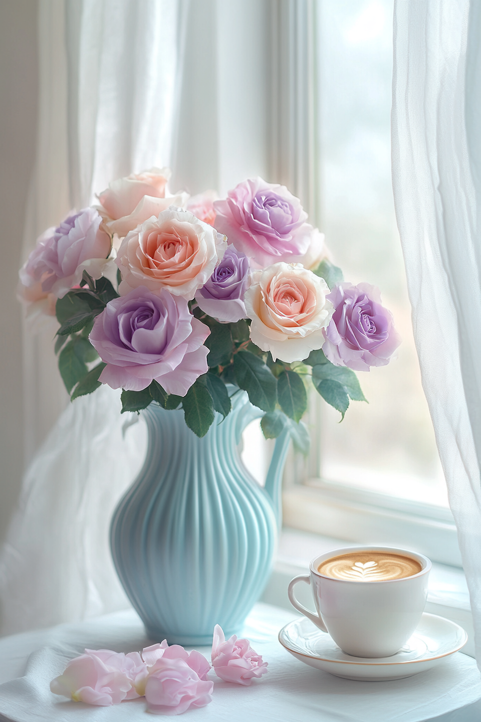 diamond painting resin, diamanttavla, pastellfärgad rosvas med en kopp kaffe