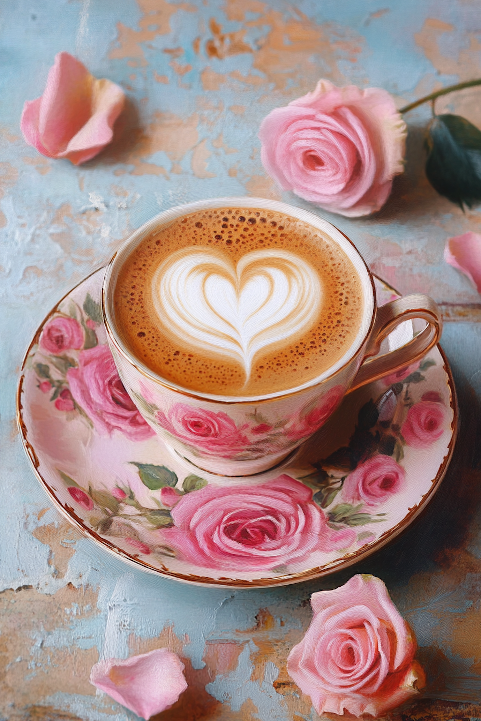 diamond painting resin, diamanttavla, kopp kaffe med latte art, rosdekorerad kopp