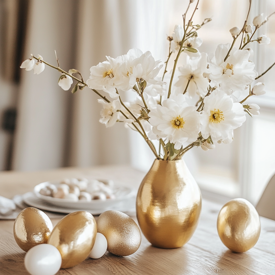 diamond painting resin, diamanttavla, blommor i gyllene vas, gyllene och vita påskägg