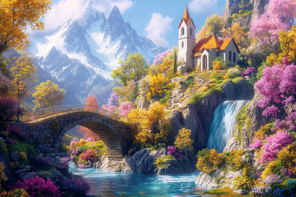 Diamond painting Resin - Kyrka vid vattenfall 60x40cm