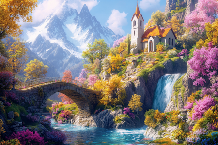 Diamond painting Resin - Kyrka vid vattenfall 60x40cm