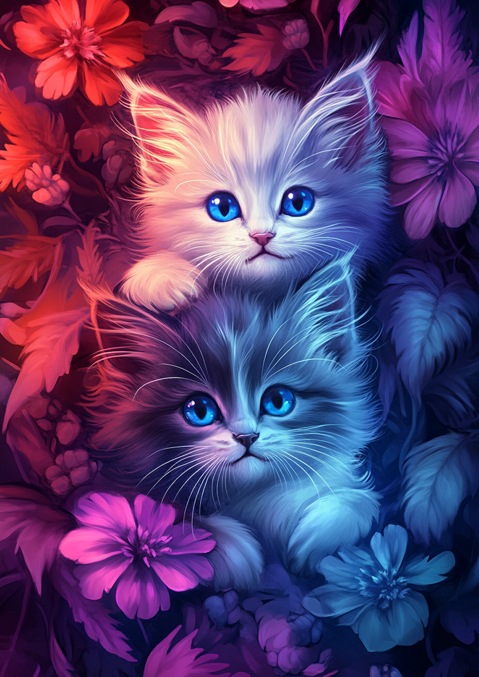 diamond painting resin, diamanttavla, fluffiga kattungar bland blommor i starka neonfärger