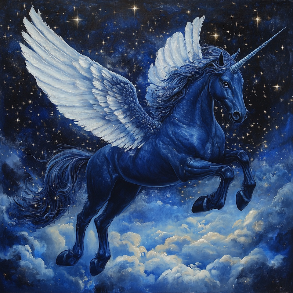 Diamond Painting Akryl - Mörkblå enhörning med vingar 50x50cm