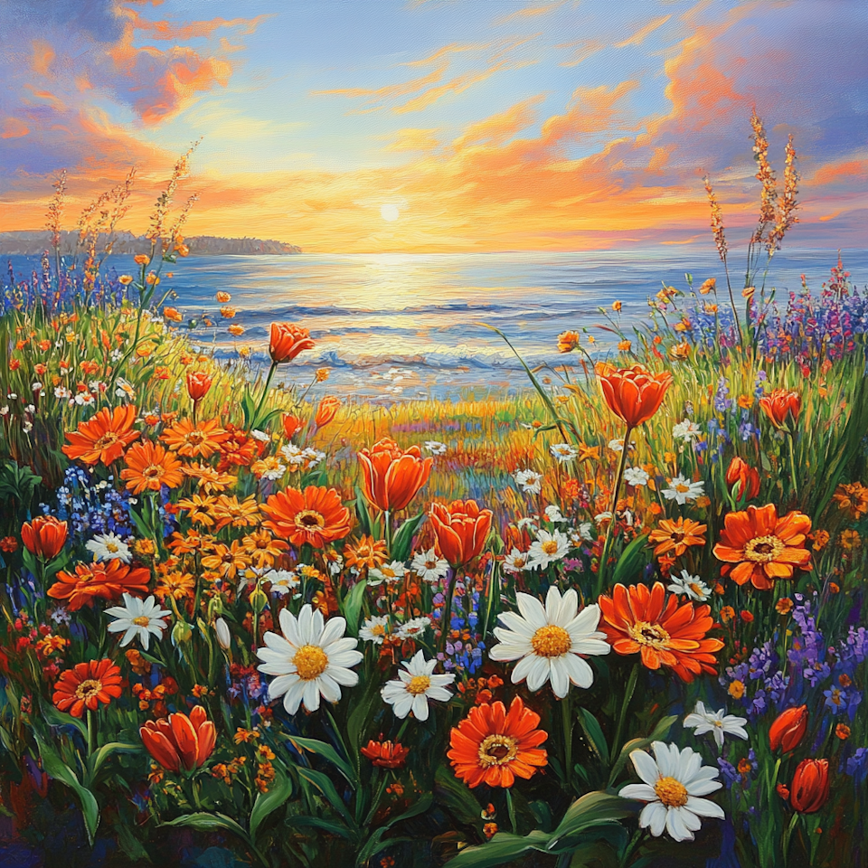 Diamond Painting Akryl - Solnedgång över blomsterängen 20x20cm