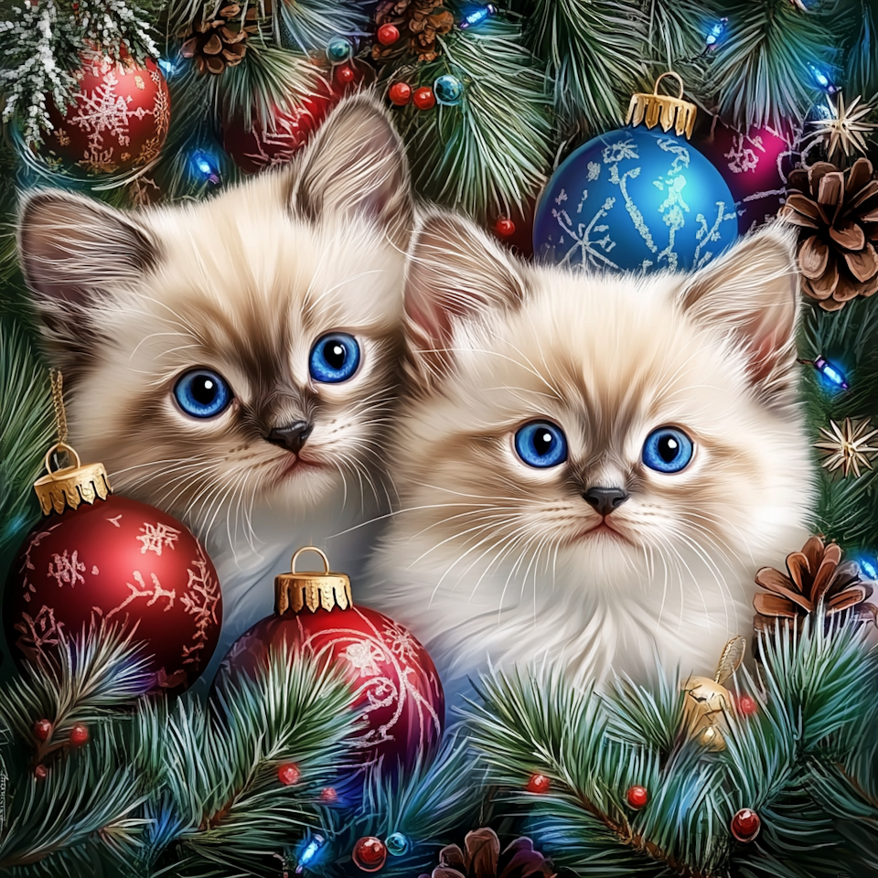 Diamond Painting Akryl - Två kattungar i julgran 20x20cm