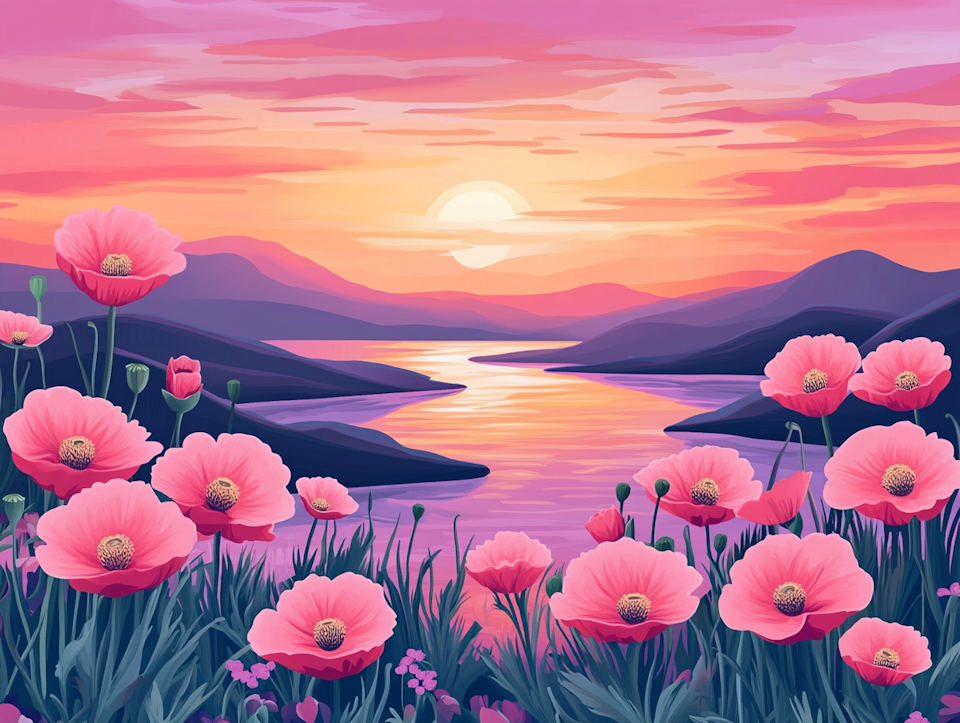 Diamond Painting Akryl - Vallmoblommor i solnedgång