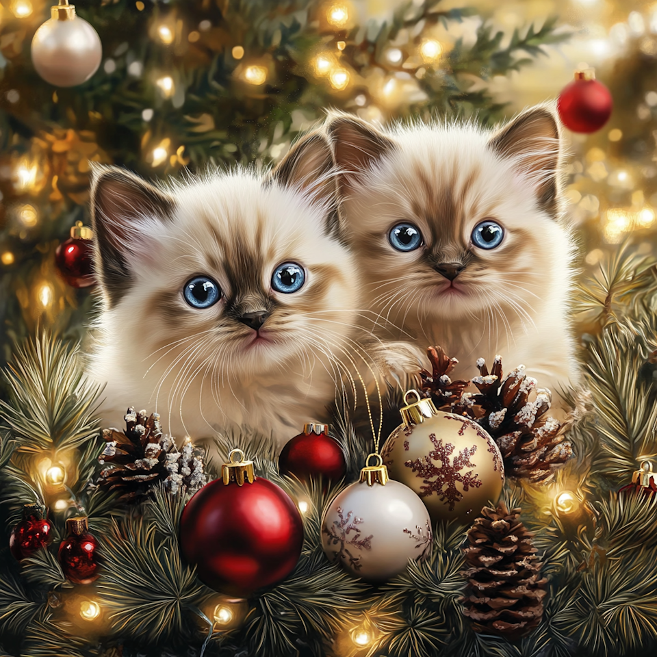 Diamond Painting Akryl - Julmys med blåögda kattungar 20x20cm