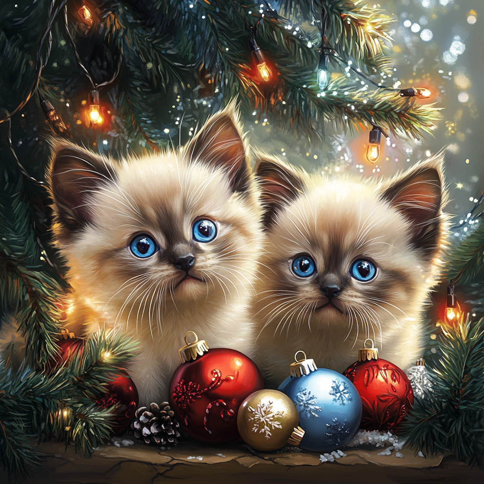 Diamond Painting Akryl - Kattungar bland julkulor och ljus 20x20cm