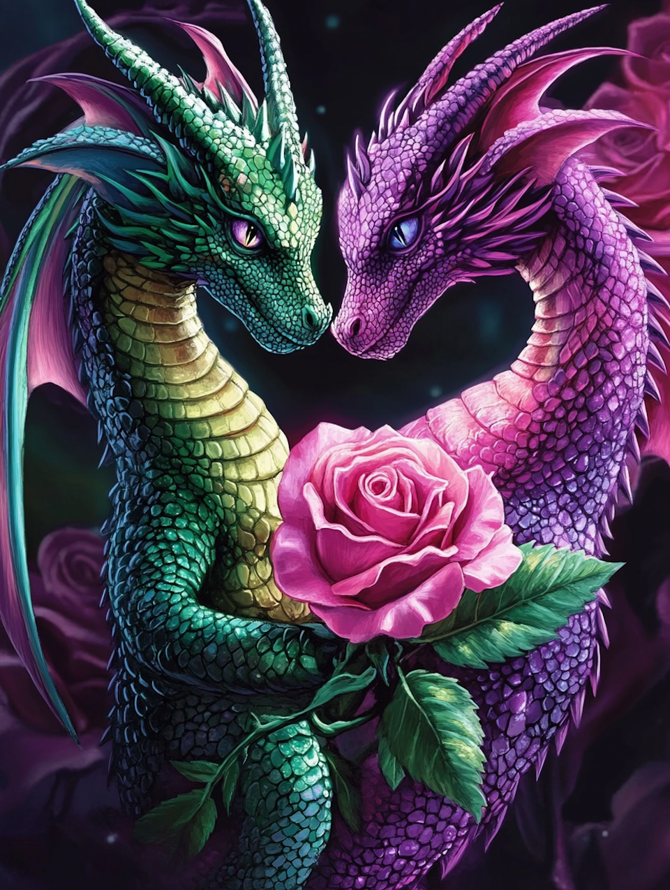 Diamond Painting Akryl - Kärleksdrakar med ros 50x75cm