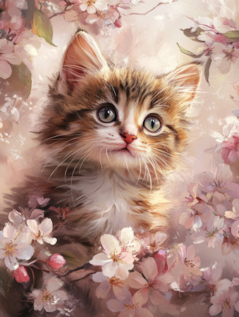 Diamond Painting Akryl - Liten vårkatt bland körsbärsblommor 30x40cm