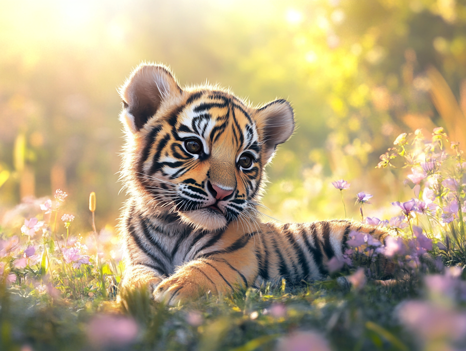 Diamond Painting Akryl - Liten tigerunge i blomstrande äng 50x40cm