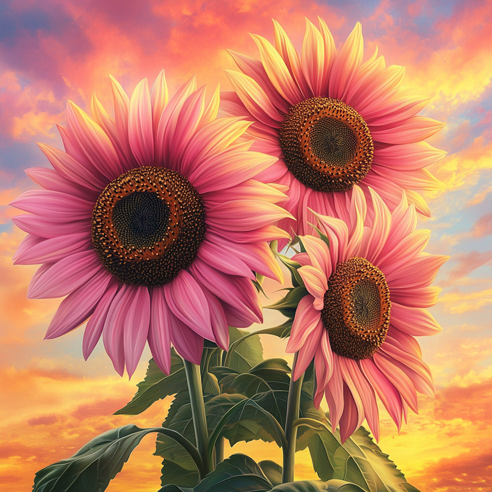 Diamond Painting Akryl -Rosa solrosor i solnedgångens sken 50x50cm Fyrkantiga Exclusive