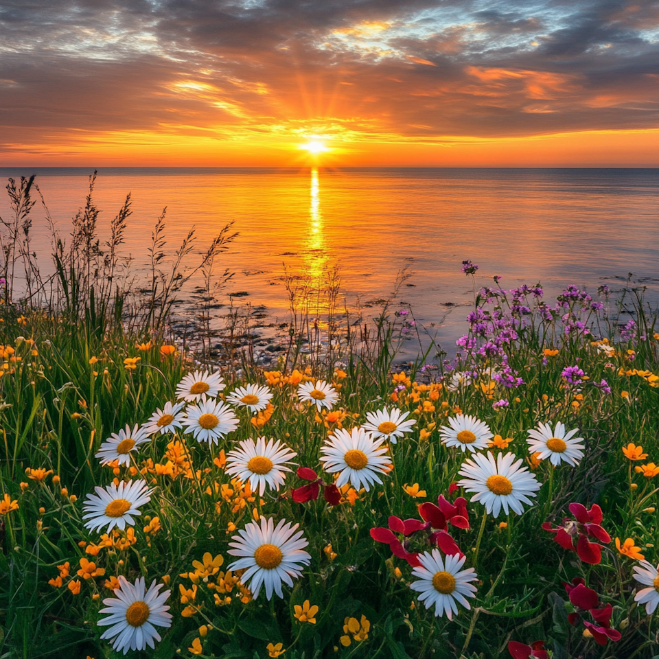 Diamond Painting Akryl - Solnedgång vid havet och blomstrande strandäng 30x30cm Runda Advanced