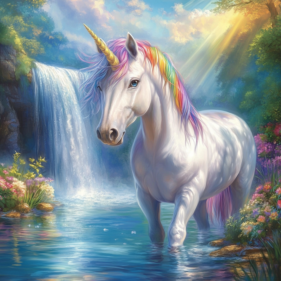 Diamond Painting Akryl - Magisk enhörning vid vattenfallet 50x50cm Runda Exclusive