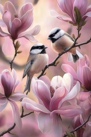 Diamond painting Resin - Förtrollande vår med mesar och magnolia 50x70cm