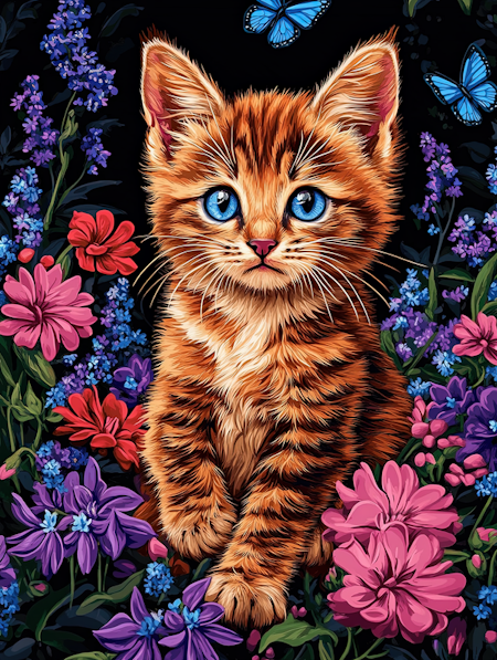 Diamond painting Resin - Blåögd kattunga bland blomster 40x50cm
