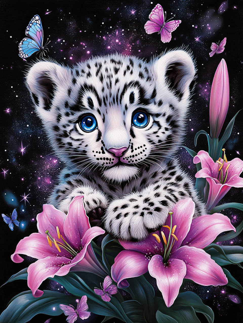 Diamond painting Resin snöleopardunge bland rosa liljor