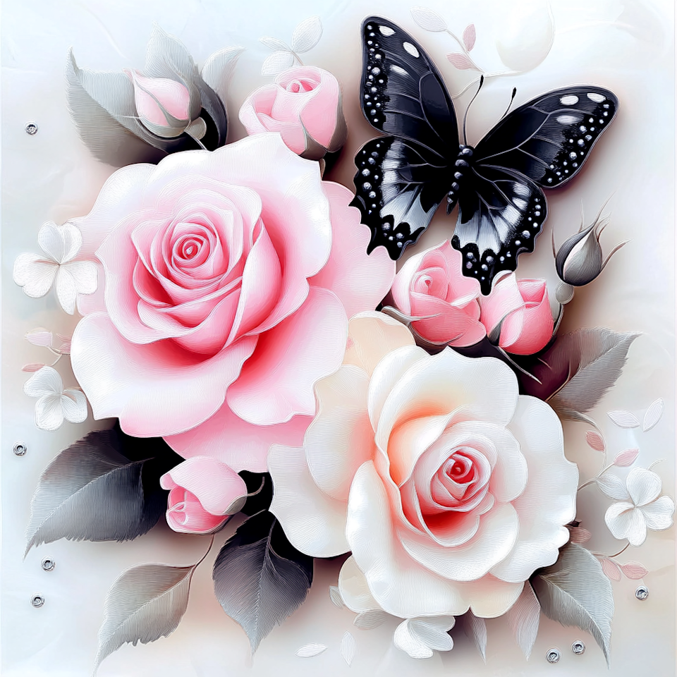 Diamond Painting Akryl - Eleganta rosor och nattlig fjäril 20x20cm
