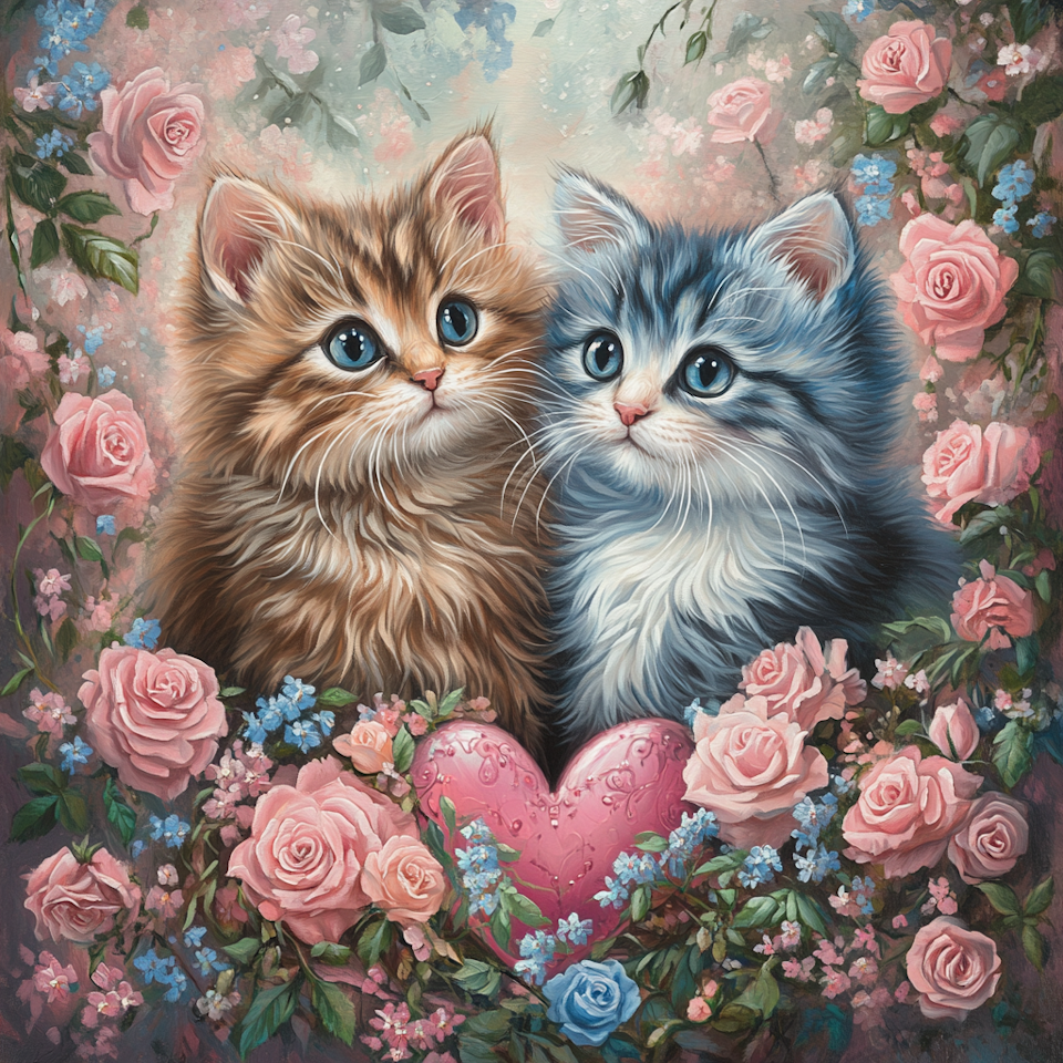 Diamond Painting Akryl - Kattungar i rosenträdgården 50x50cm