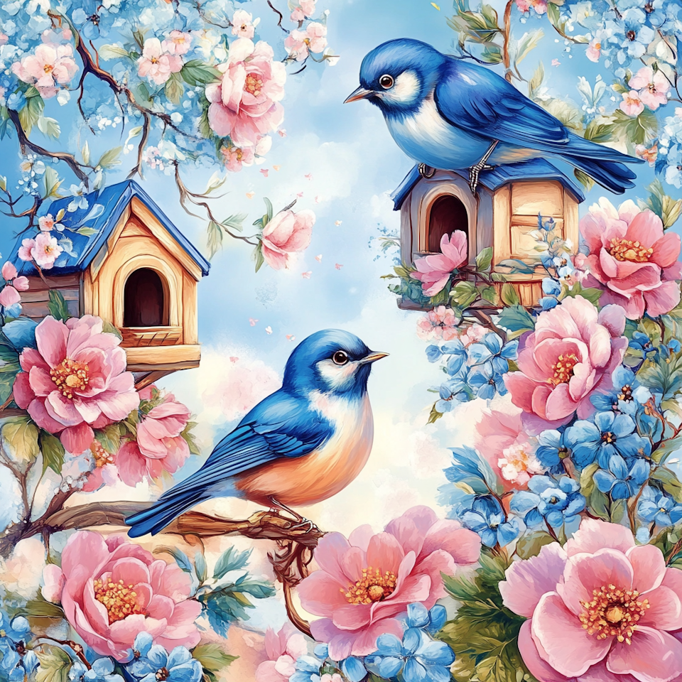 Diamond Painting Akryl - Blåfåglarnas blomsterparadis 50x50cm