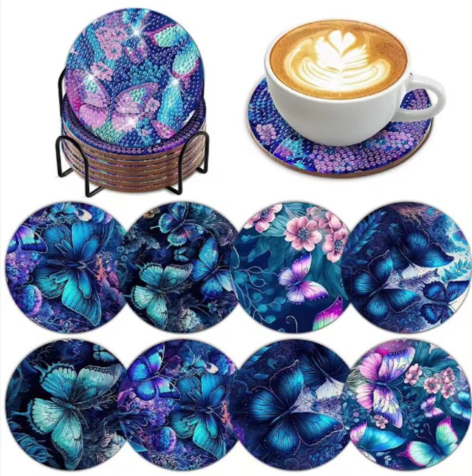 8-pack Diamond Painting Glasunderlägg - Fjärilar