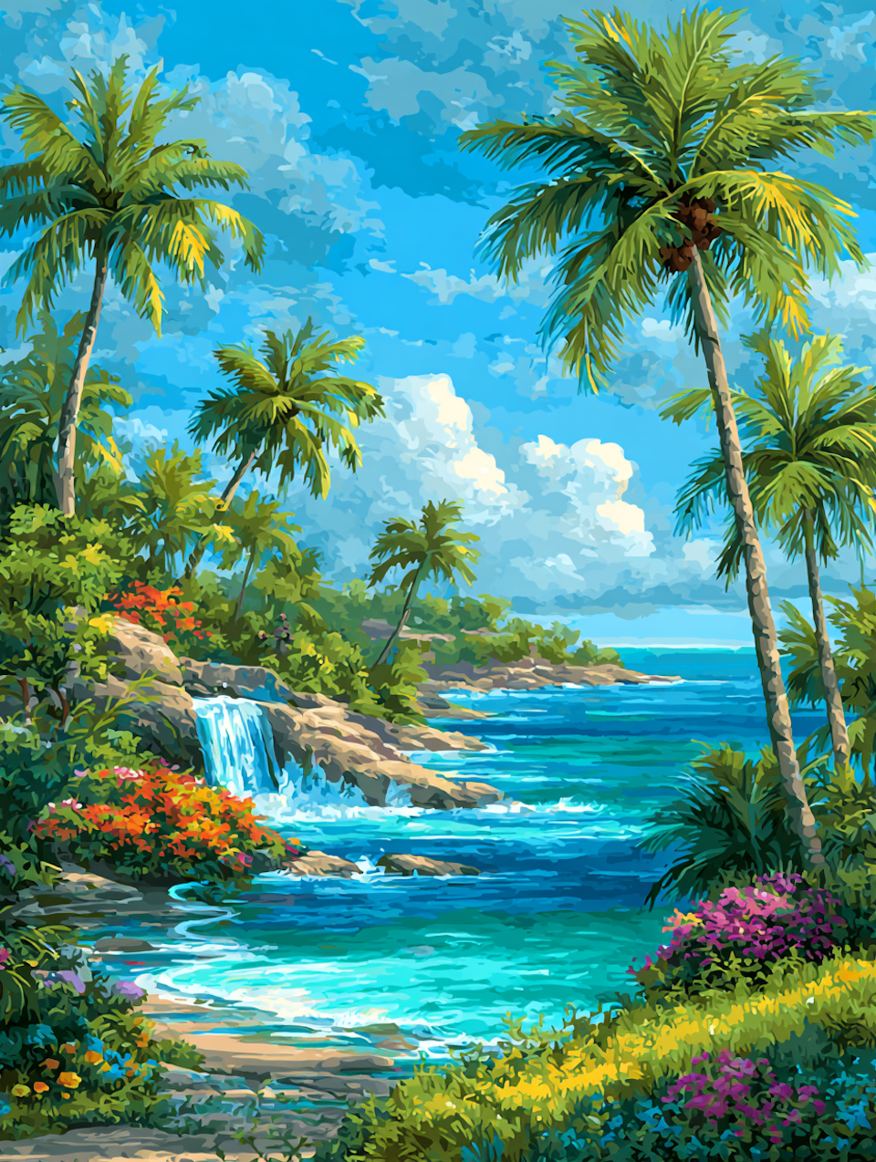 Diamond Painting Akryl - Paradisiskt vattenfall bland vajande palmer (Beställningsvara)