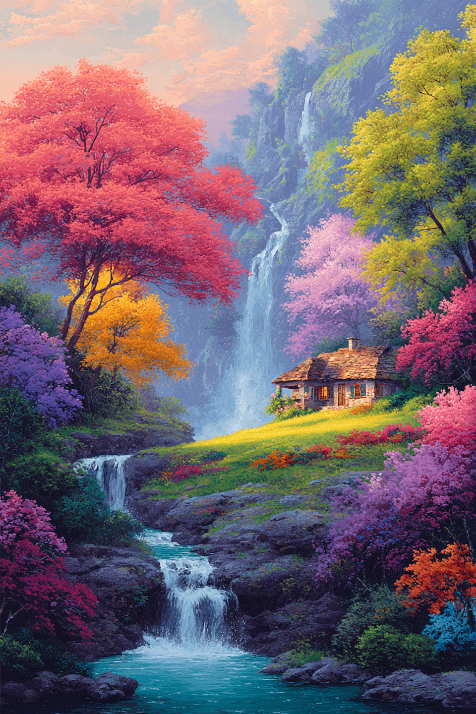 Diamond Painting Akryl - Stuga vid kaskader i blomsterskrud (Beställningsvara)