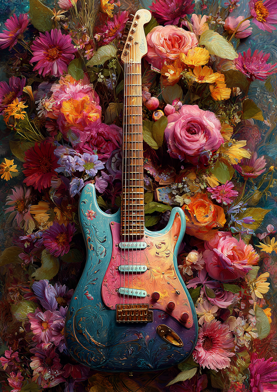 Diamond Painting Akryl - Elgitarr i turkost bland blommor (Beställningsvara)