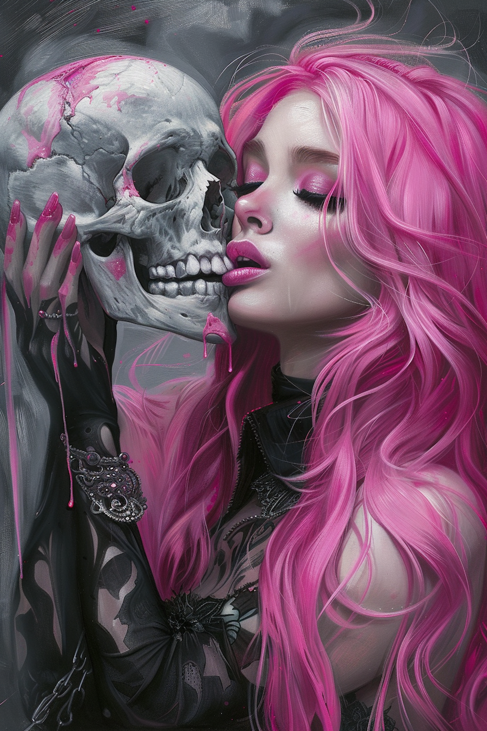 Korsstygn - Rosa kvinna med döskalle 40x60cm