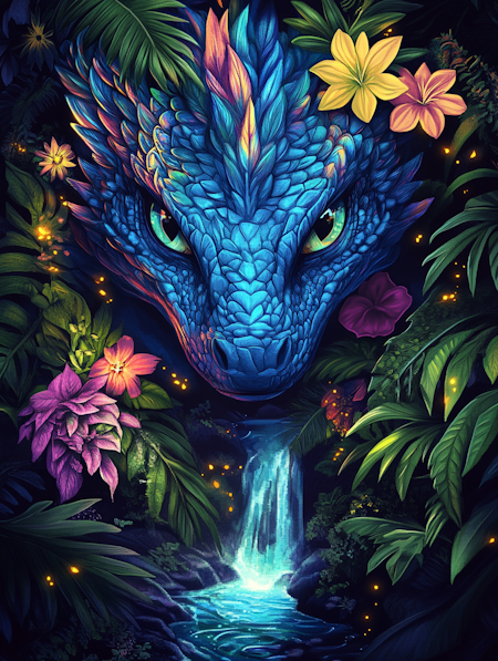Korsstygn - Tropisk drake vid vattenfall 30x40cm