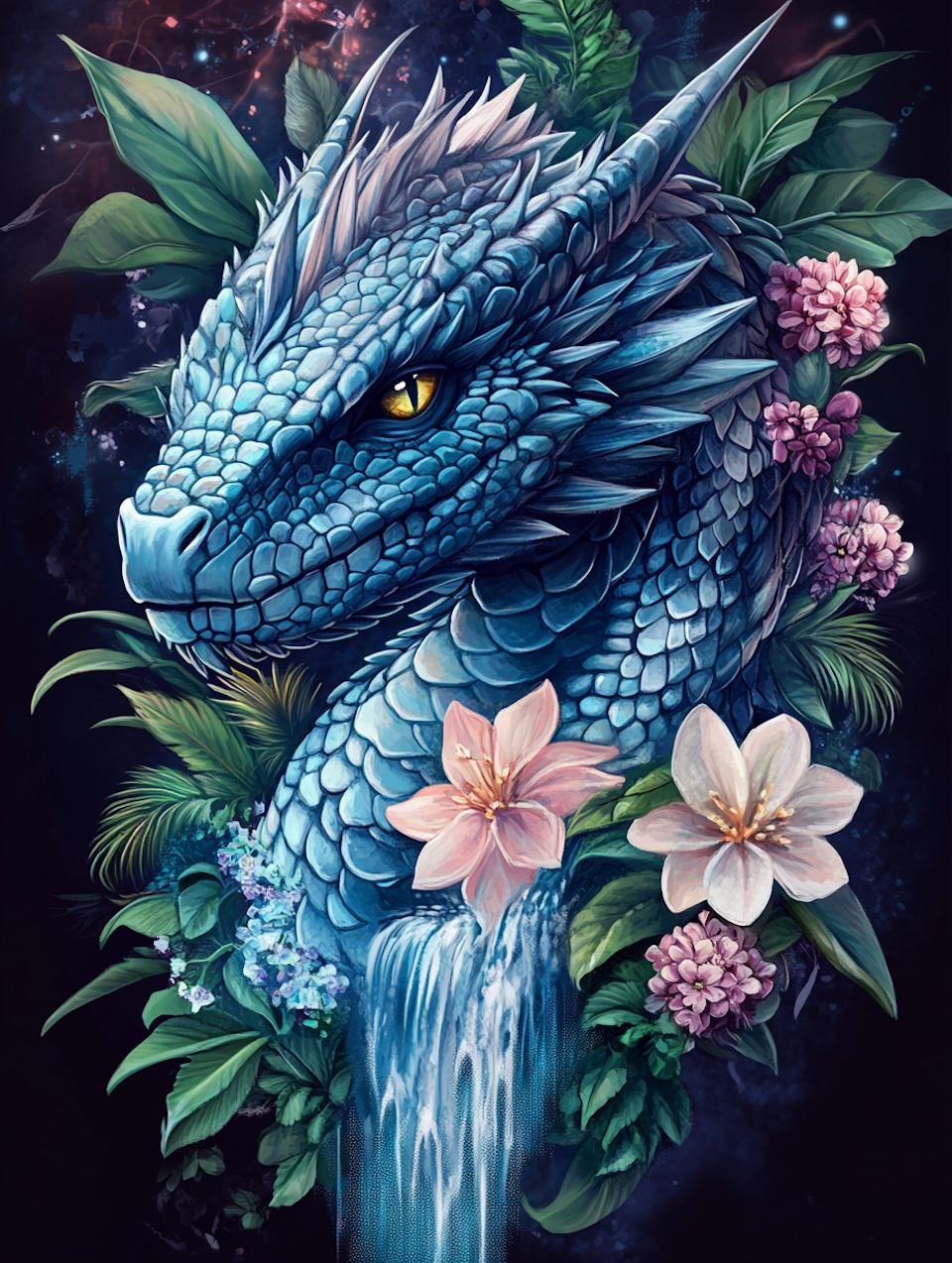 korsstygn, drake med blad och blommor