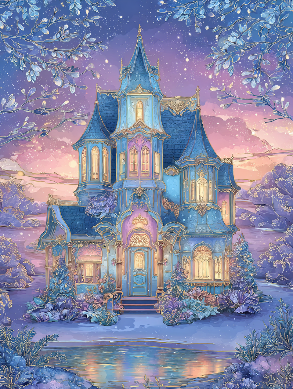 diamond painting akryl, slott i vinterlandskap