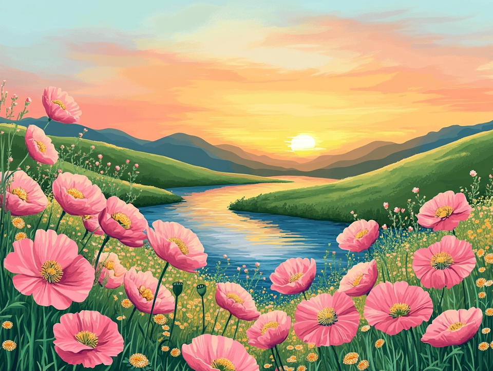 diamond painting akryl, vallmoblommor, slingrande flod och solnedgång
