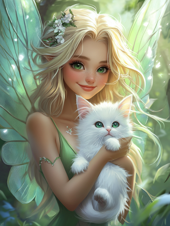 Diamond Painting Akryl - Skogsälva med kattunge  40x50cm