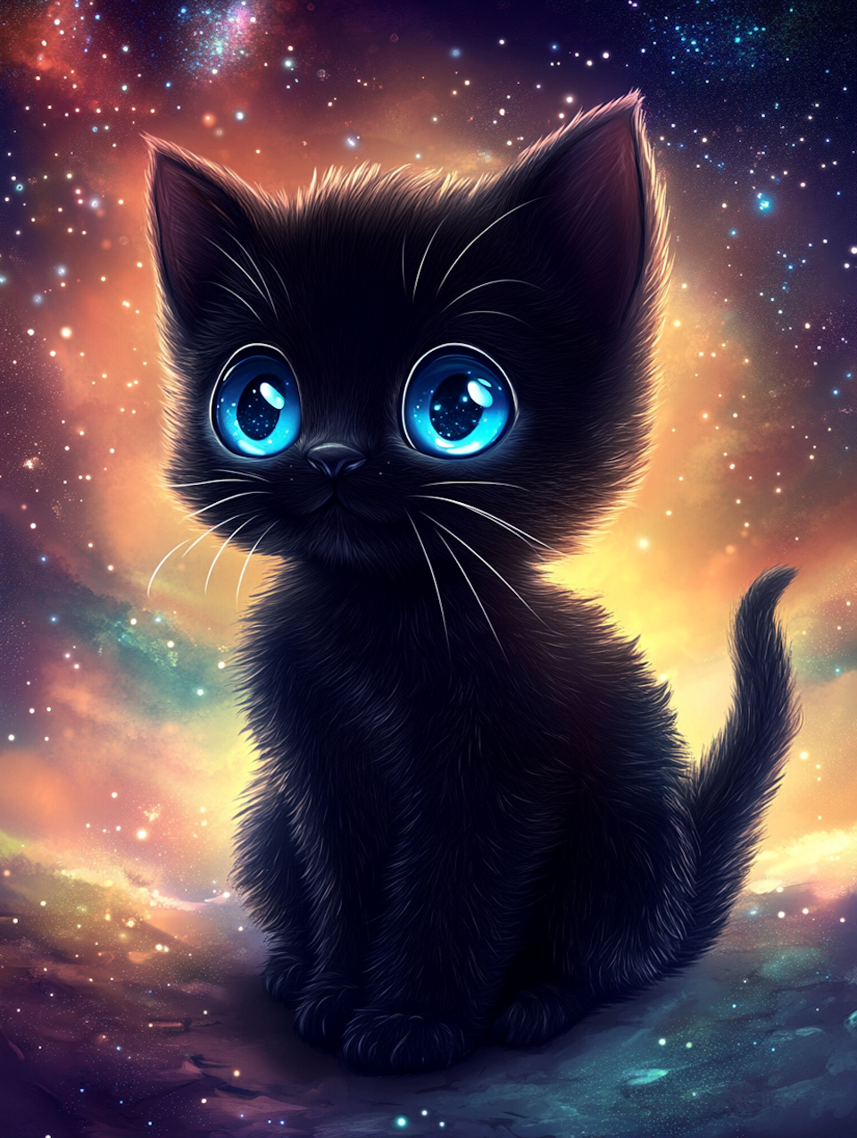 diamond painting akryl, svart katt omringad av universum