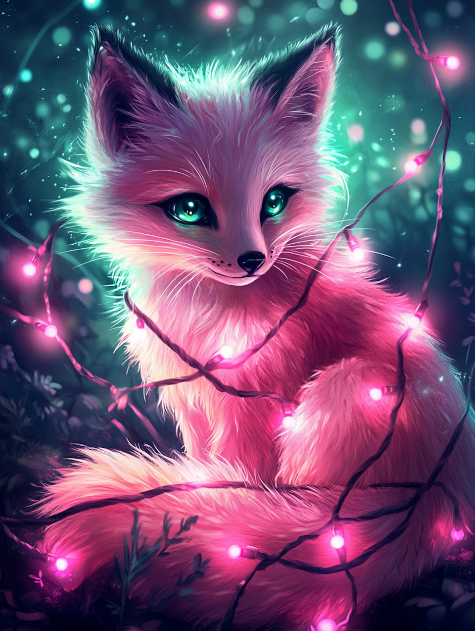 diamond painting akryl, rosa räv i skog, ljusslingor