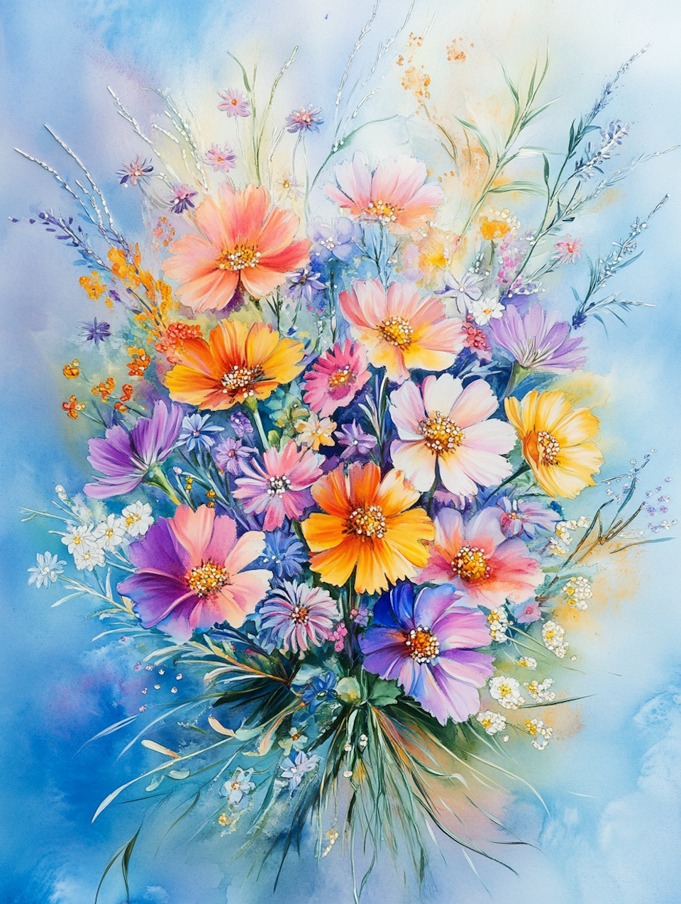 diamond painting akryl, akvarellbukett mot ljus bakgrund