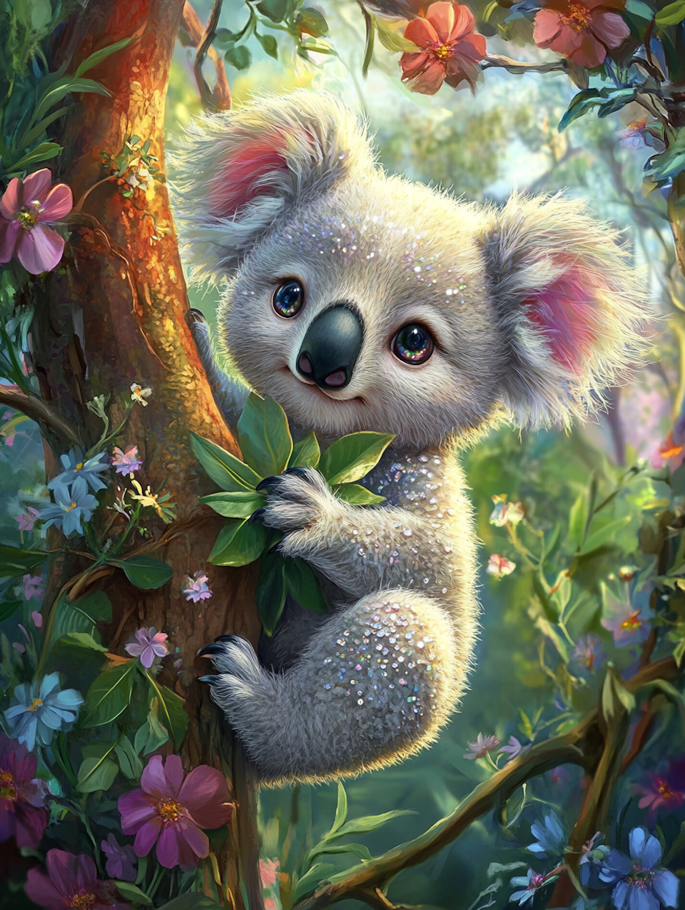 diamond painting akryl, koala i träd med färgglada blommor