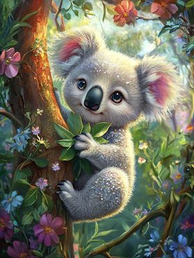Diamond Painting Akryl - Glittrande koala i blommande träd  40x50cm