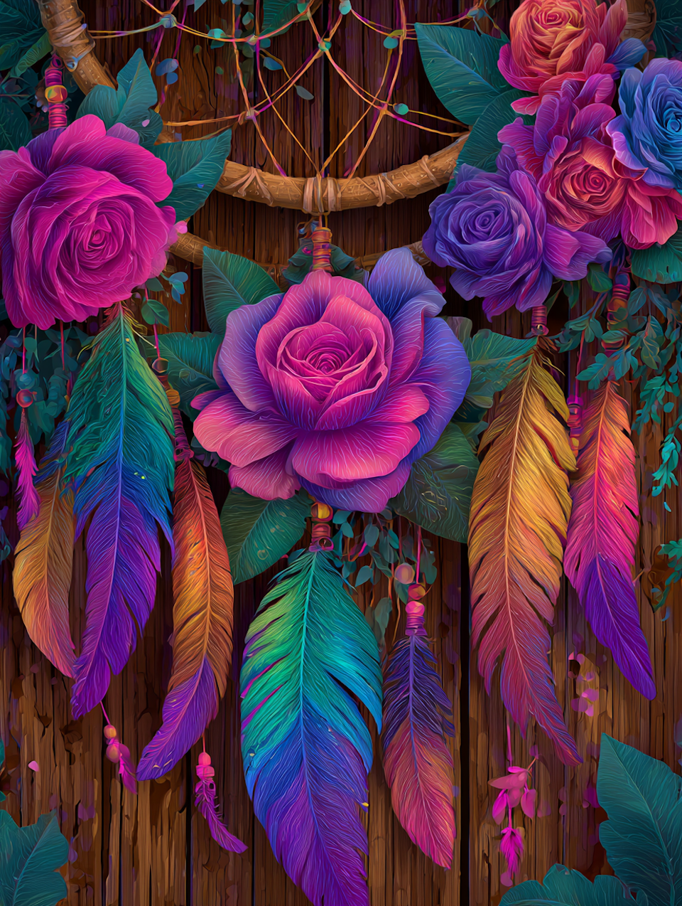 diamond painting akryl, drömfångare med rosor i lila, rött och rosa