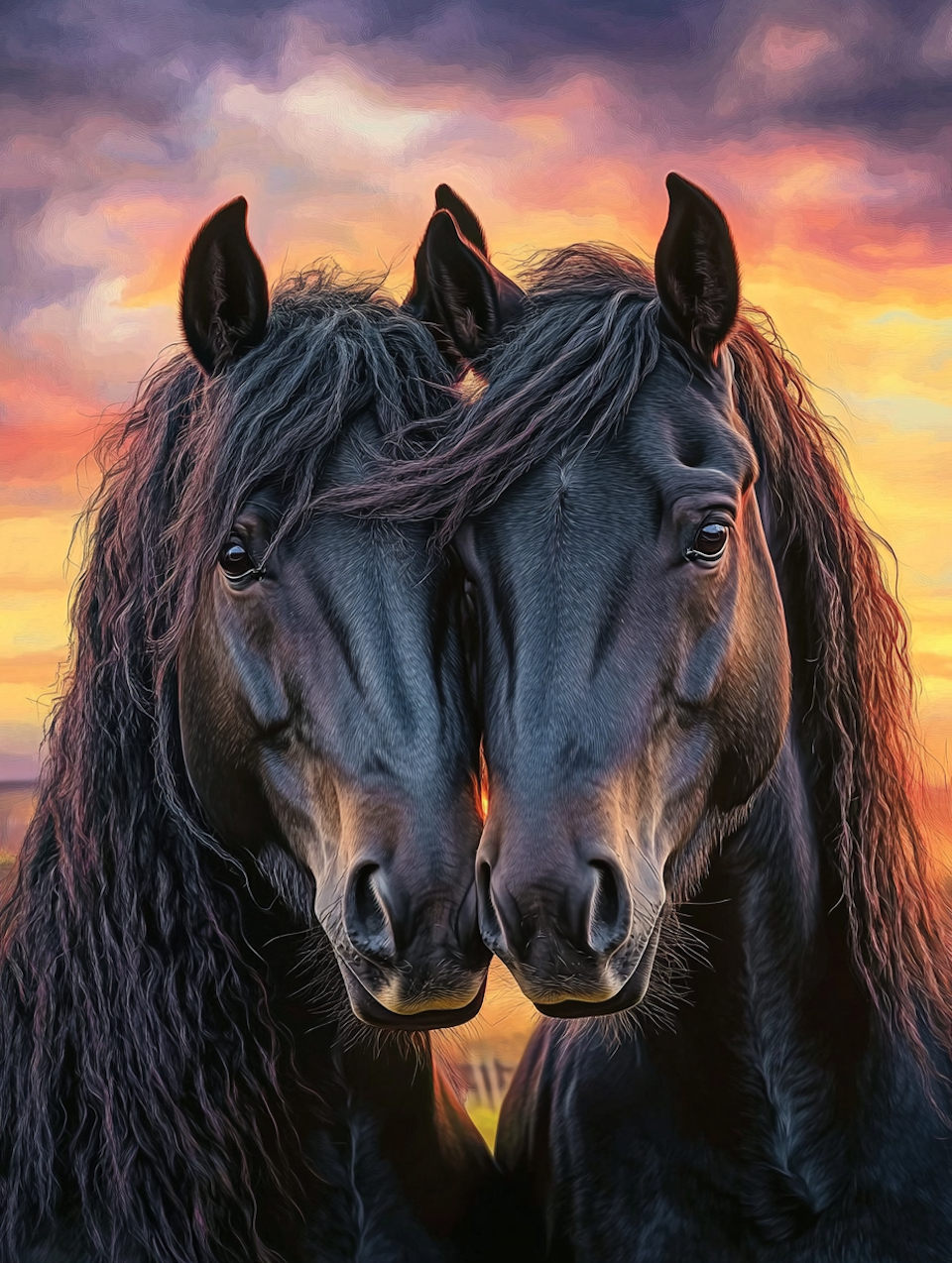 Diamond Painting - Två svarta hästar i solnedgång (Beställningsvara)
