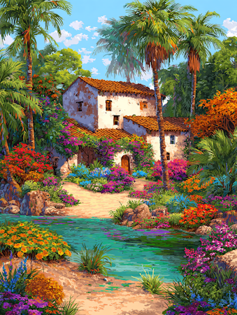 Diamond Painting - Hus i blomstrande landskap (Beställningsvara)