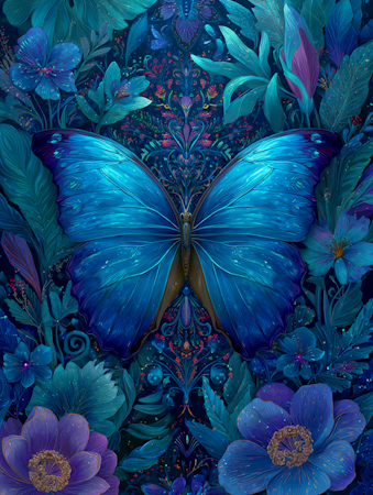 Diamond Painting - Blå fjäril bland blommor1 (Beställningsvara)
