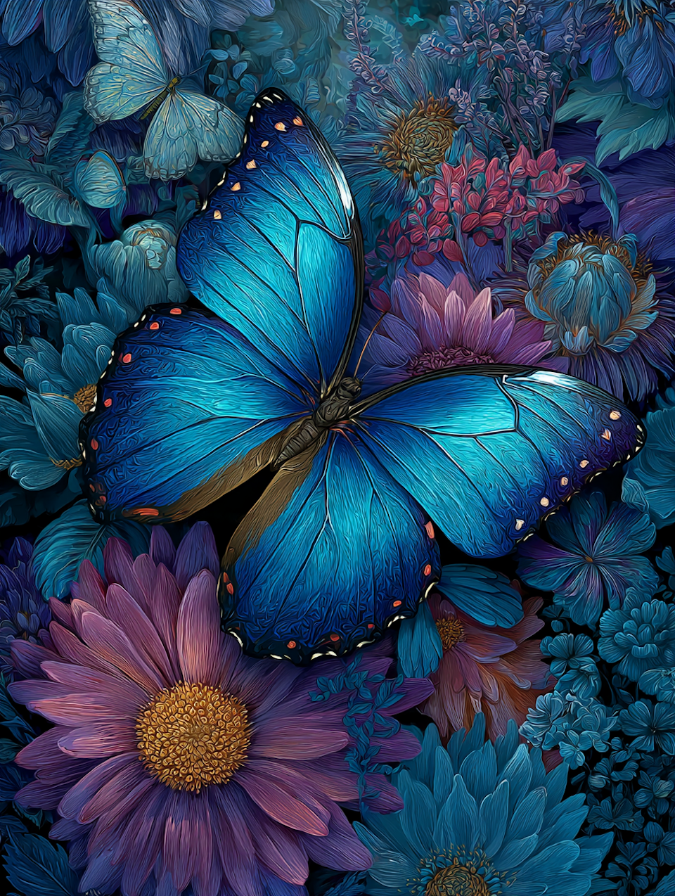 Diamond Painting - Blå fjäril bland blommor2 (Beställningsvara)