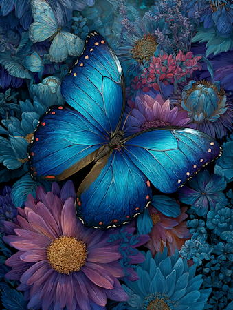 Diamond Painting - Blå fjäril bland blommor2 (Beställningsvara)