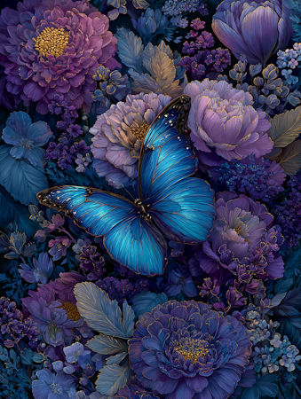 Diamond Painting - Blå fjäril bland blommor3 (Beställningsvara)