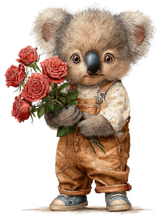 Diamond Painting - Koala med rosor och hängslebyxor (Beställningsvara)