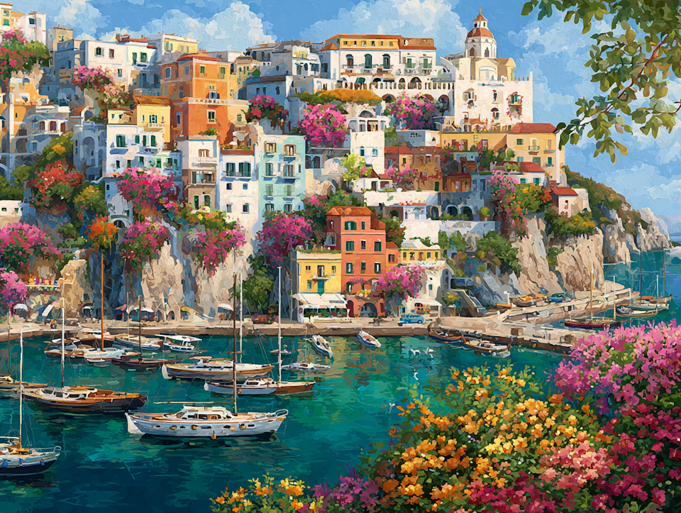 Diamond Painting - Blomstrande stad vid havet (Beställningsvara)