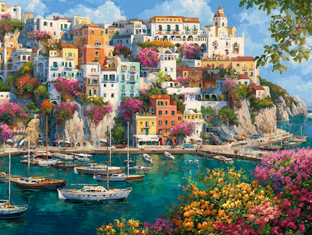 Diamond Painting - Blomstrande stad vid havet (Beställningsvara)